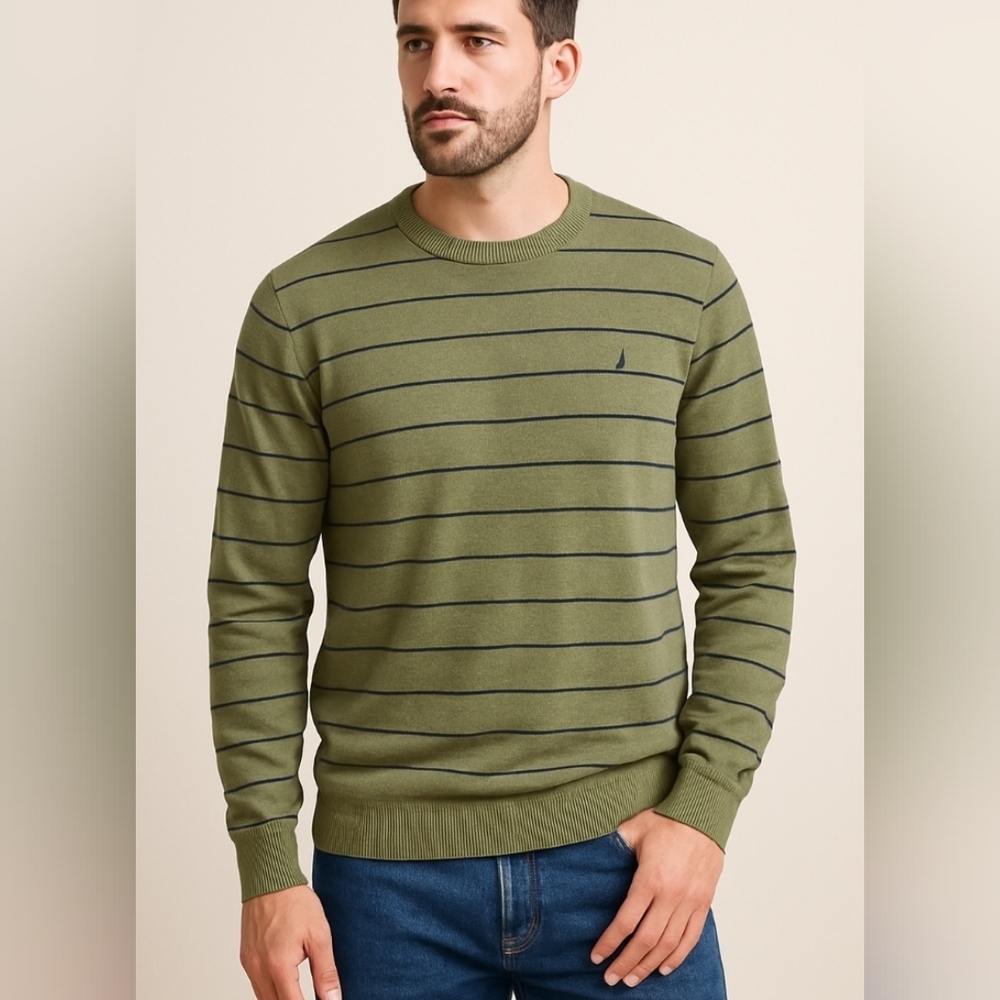 Nautica Men's Green Striped Crewneck Sweater